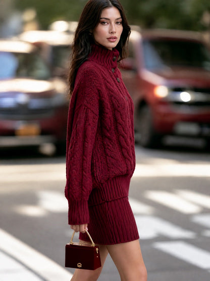 Cable Knit Mock Neck Sweater And Skirt Two-Piece Set