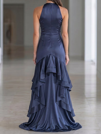 Halter Neck Ruched Satin High-Low Ruffle Gown