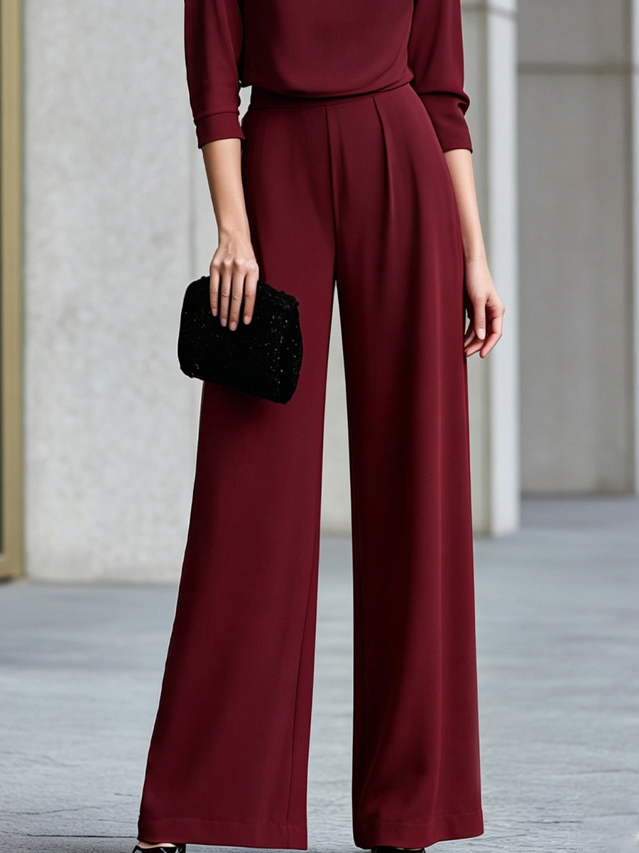 Draped High-Neck Pleated Blouse Wide-Leg Suit Set