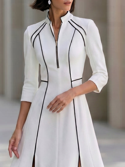 Contrast Trim Zip Front A-Line Midi Dress