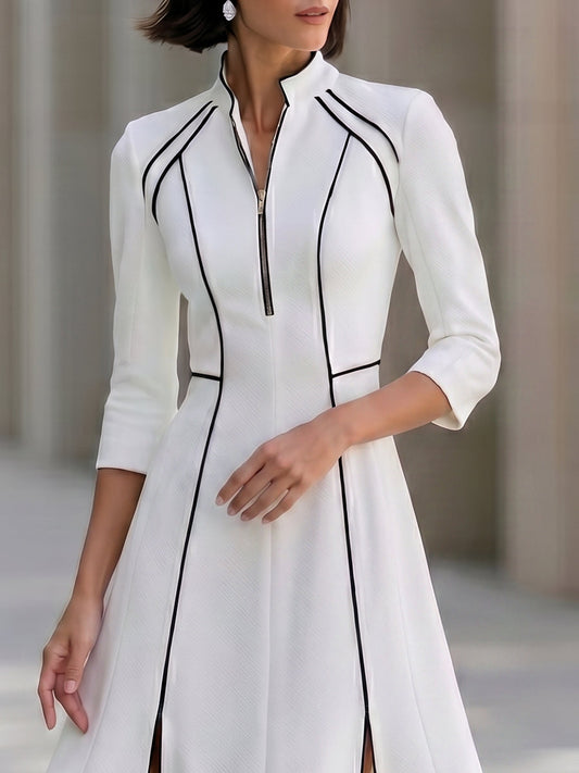 Robe midi trapèze avec fermeture éclair sur le devant et détails contrastants