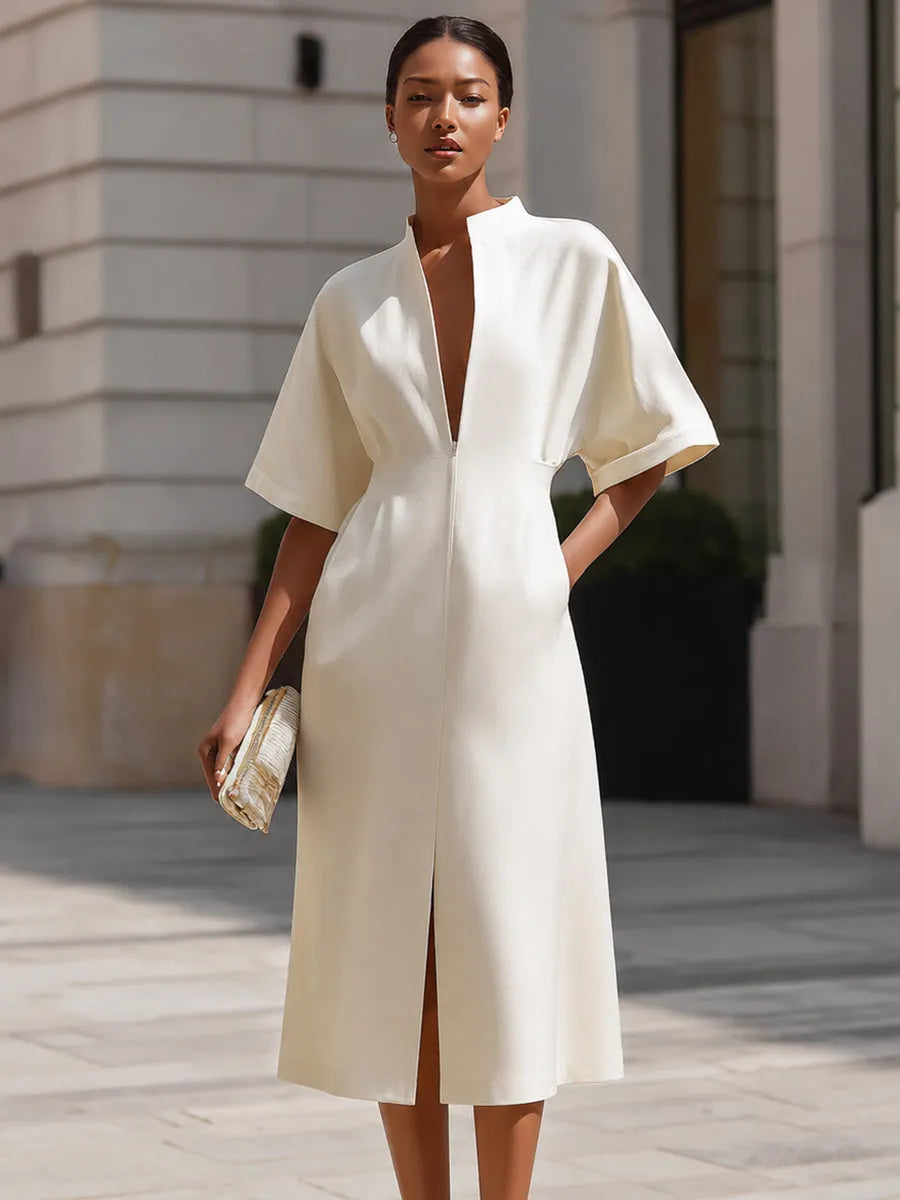 Zip-Front V-Neck Midi Dress With Structured Waist