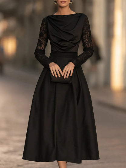 Elegant Draped Cowl Neck Satin Lace Sleeves Midi Dress