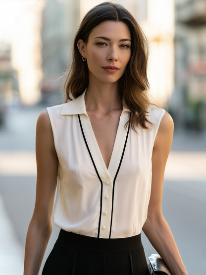 Elegant Sleeveless V-Neck Contrast Trim Button Blouse