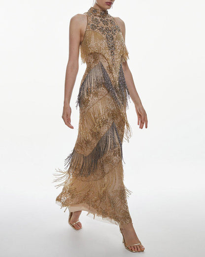 Embellished Fringed Halter Maxi Dress
