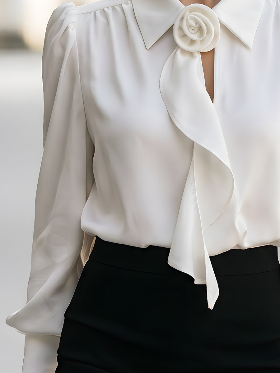 Elegant Floral Brooch Tie-Neck Puff Sleeve Blouse