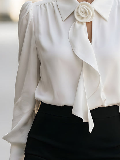 Elegant Floral Brooch Tie-Neck Puff Sleeve Blouse