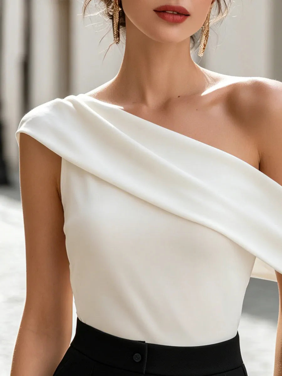 Asymmetric One-Shoulder Draped Neckline Fitted Top