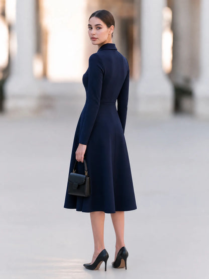 Elegant Navy Blue Long Sleeve Collared A-Line Midi Dress