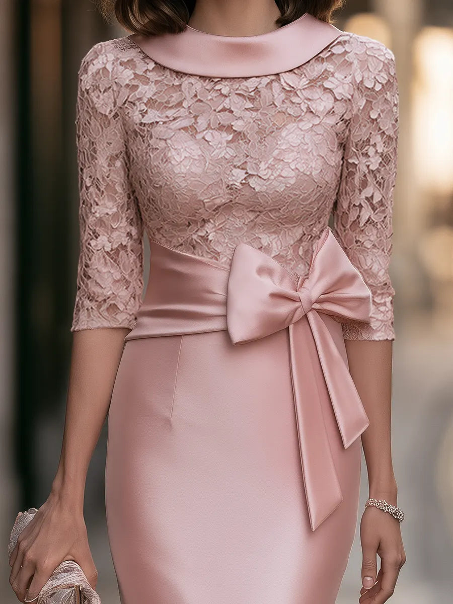 Lace-Bodice Bow-Waist Pencil Midi Dress