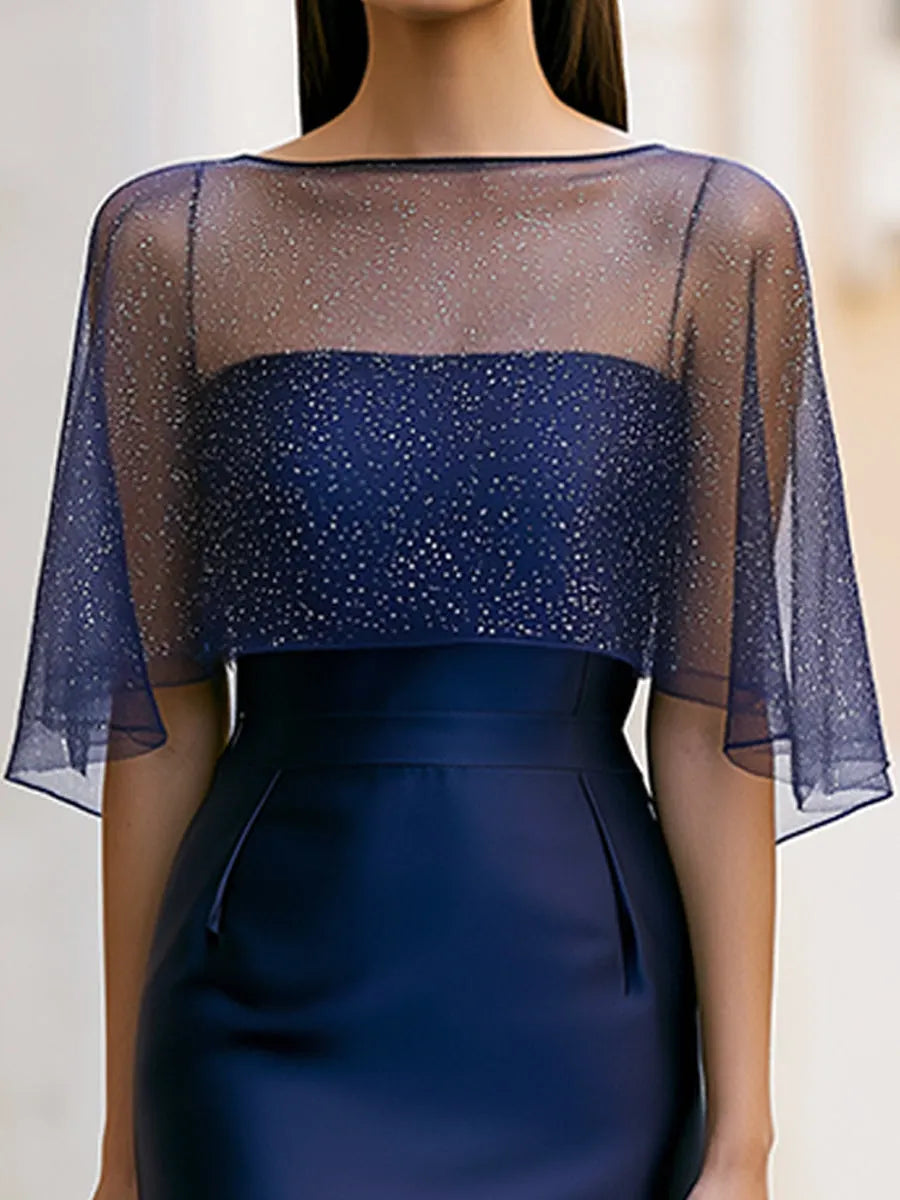 Satin Midi Dress With Shimmering Tulle Cape Overlay Two-Piece