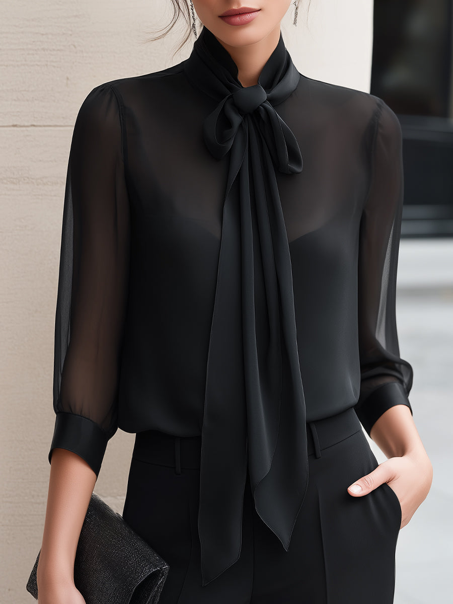 Sheer Sleeve Tie-Neck Chiffon Blouse