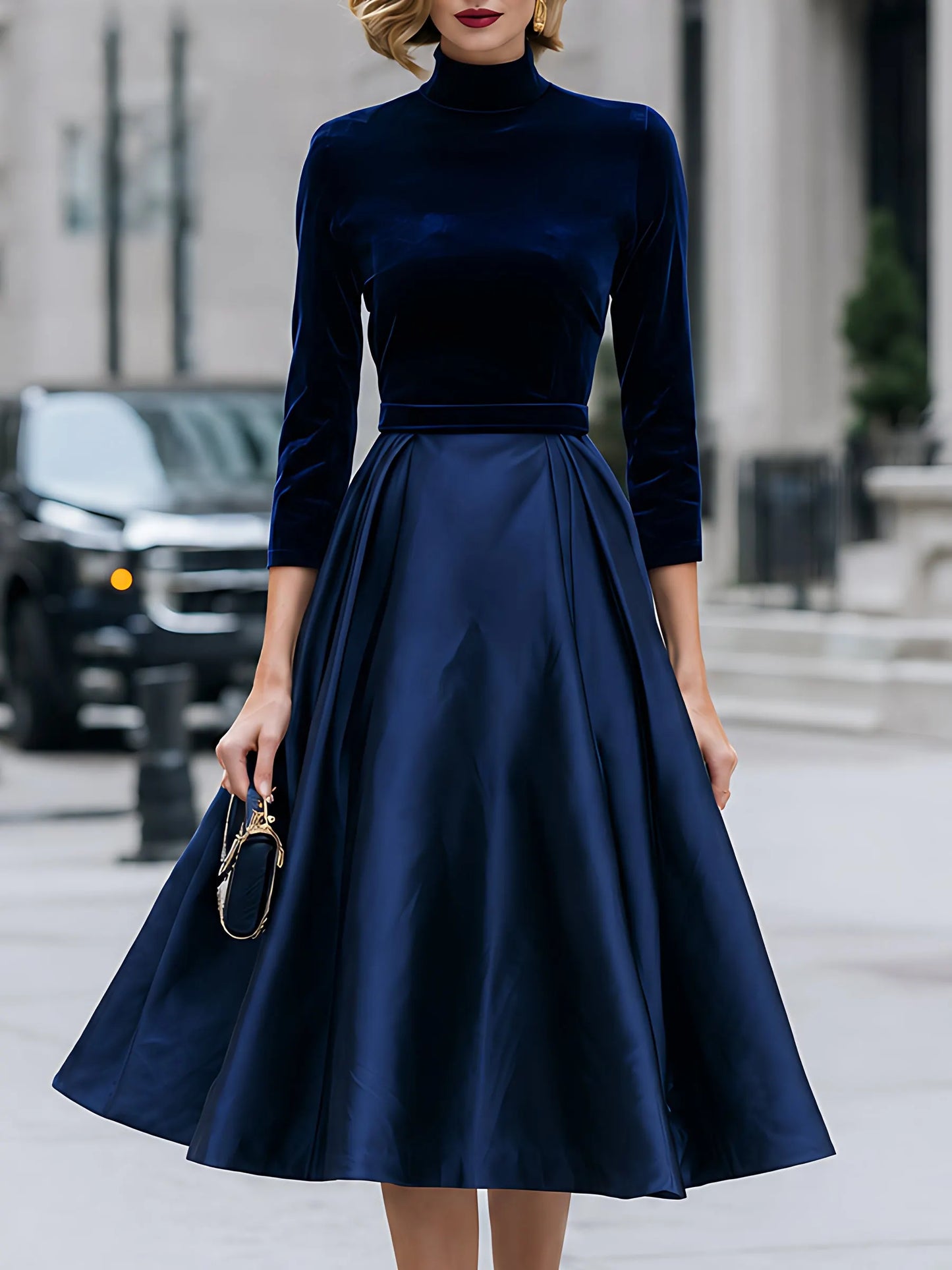 Velvet And Satin High-Neck A-Line Midi Dress