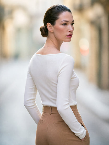 Ribbed Boat Neck Long Sleeve Fitted Top