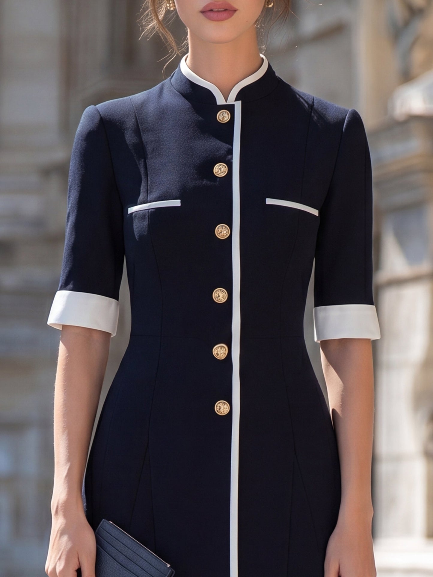 Contrast Trim Mandarin Collar Button-Down A-Line Midi Dress