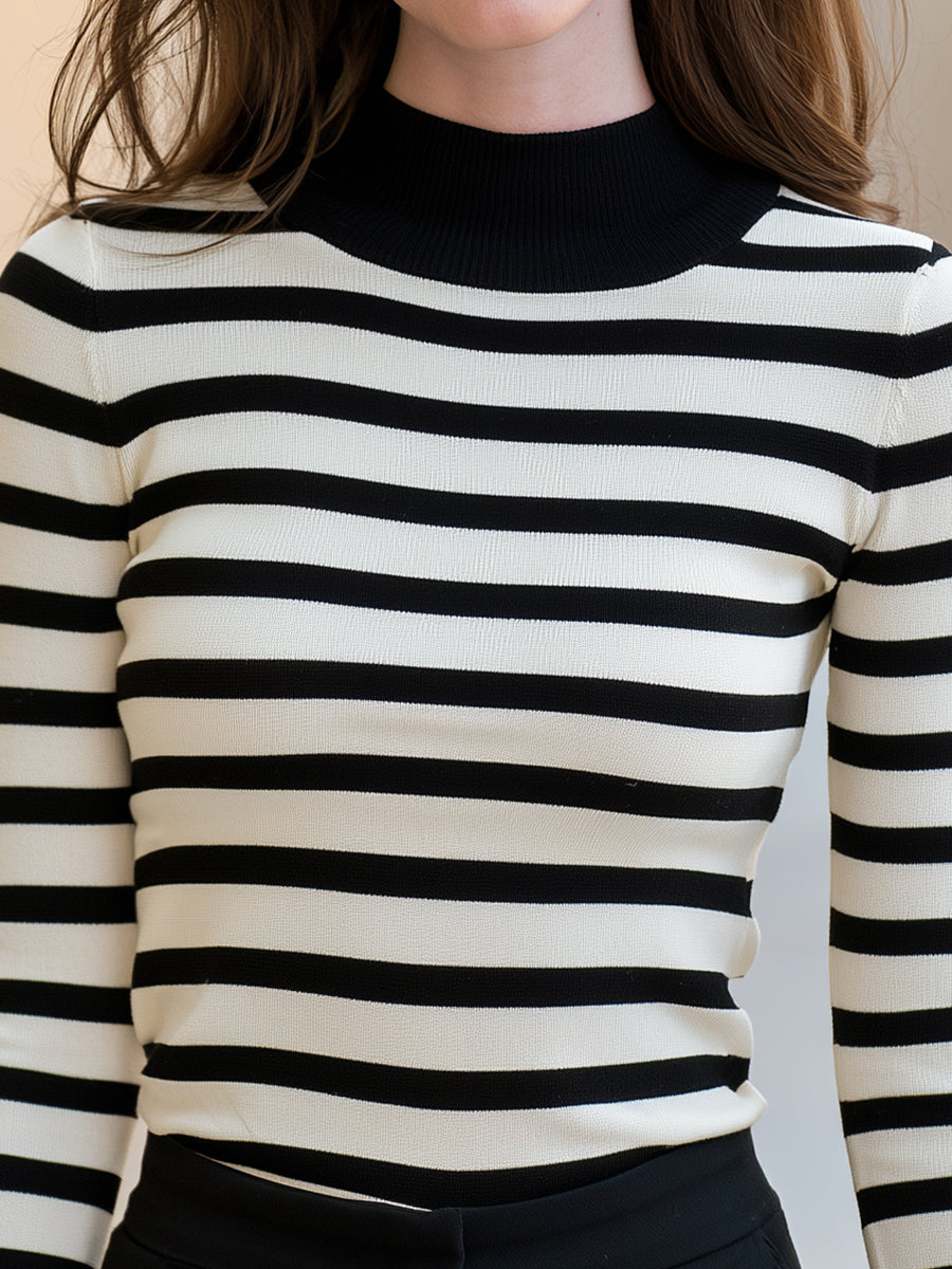 Striped Mock-Neck Flared-Cuff Knit Top