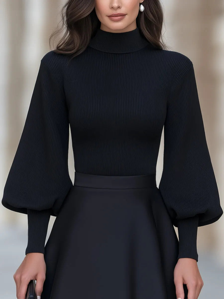 Mock Neckline Ribbed Knit Puff Sleeve Top