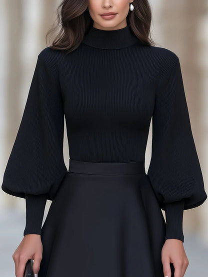 Mock Neckline Ribbed Knit Puff Sleeve Top