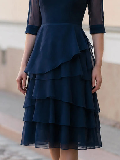 Sheer 3/4 Sleeve Tiered Chiffon Midi Dress, Wedding Guest & Cocktail Party Dress