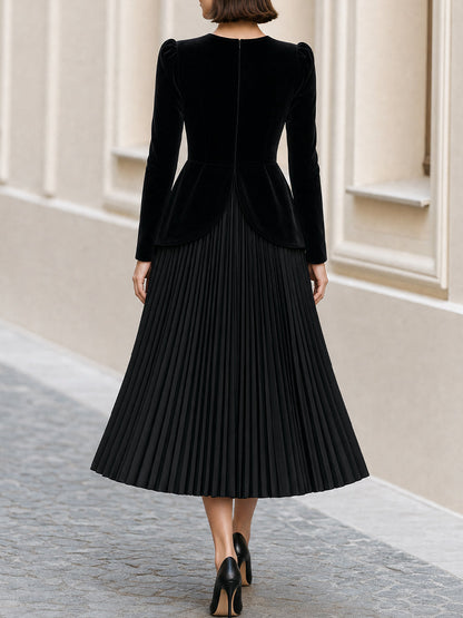 Formal Evening Round Neck  Velvet Peplum Top Pleated Midi Skirt Dress