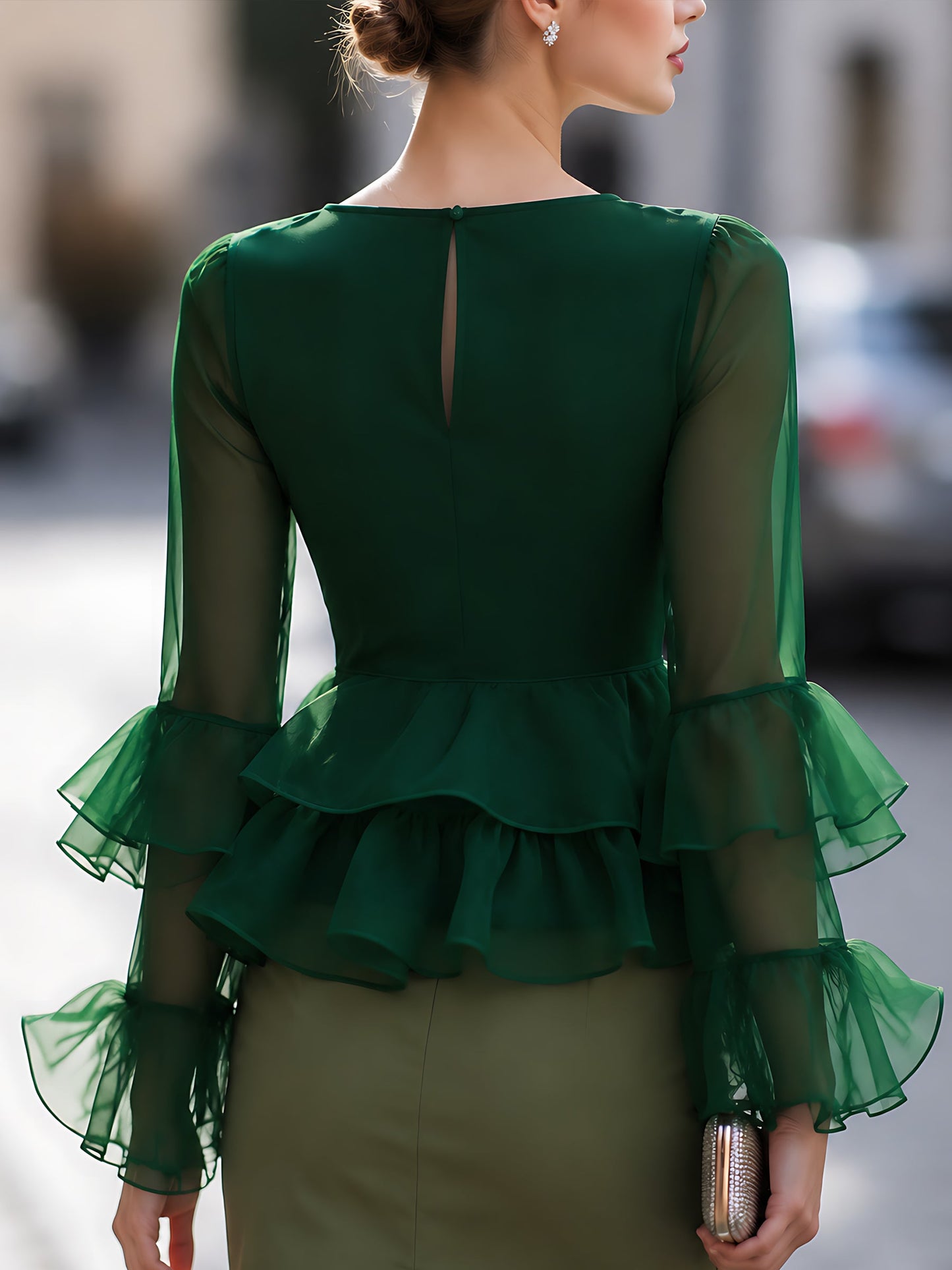Organza Ruffle-Sleeve Peplum Top