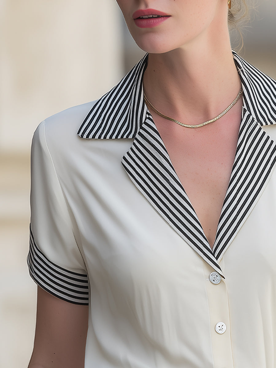 Striped Lapel Button-Down Tailored Top