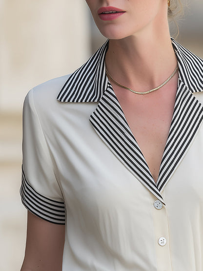 Striped Lapel Button-Down Tailored Top