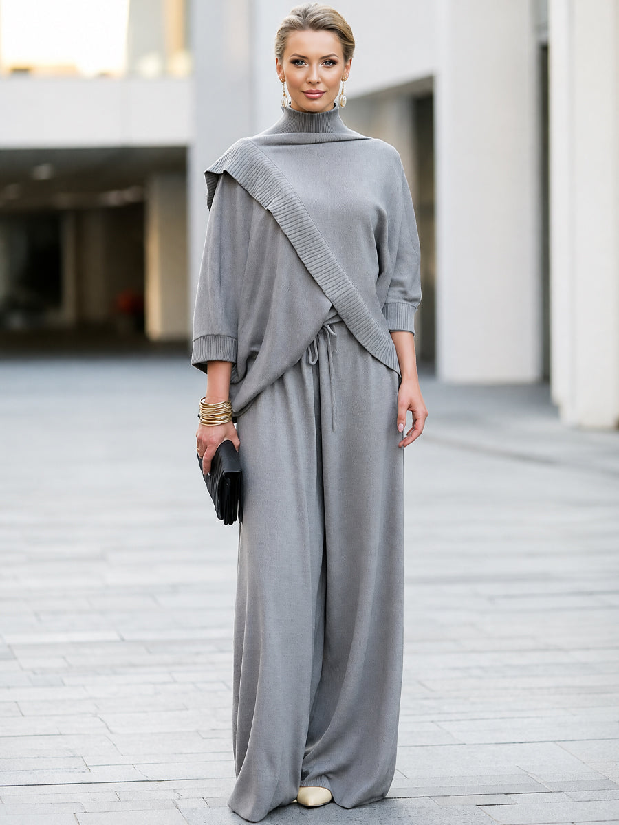 Cowl Neck Batwing Sleeve Knit Top With Wide Leg Pants Set