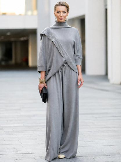 Cowl Neck Batwing Sleeve Knit Top With Wide Leg Pants Set