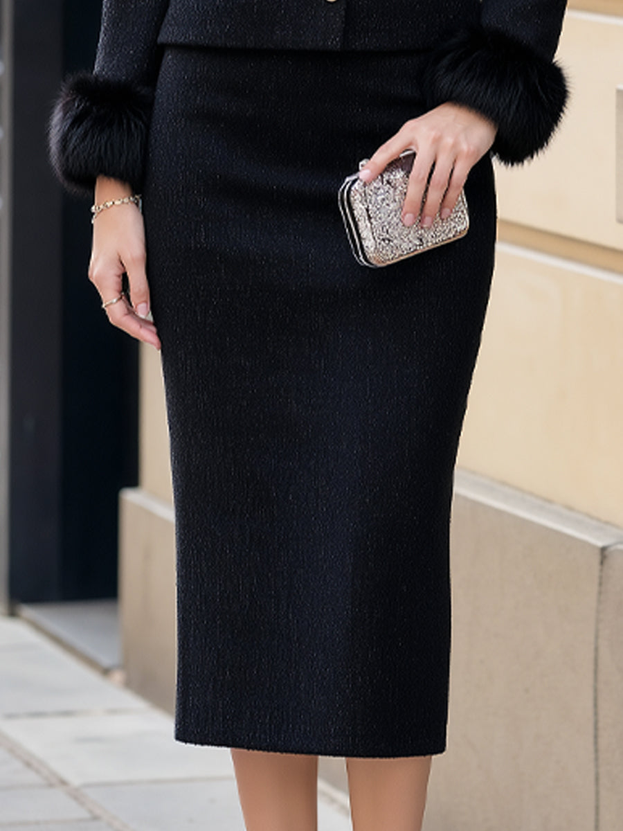 Faux Fur Trim Tweed Crop Jacket & Pencil Skirt Set
