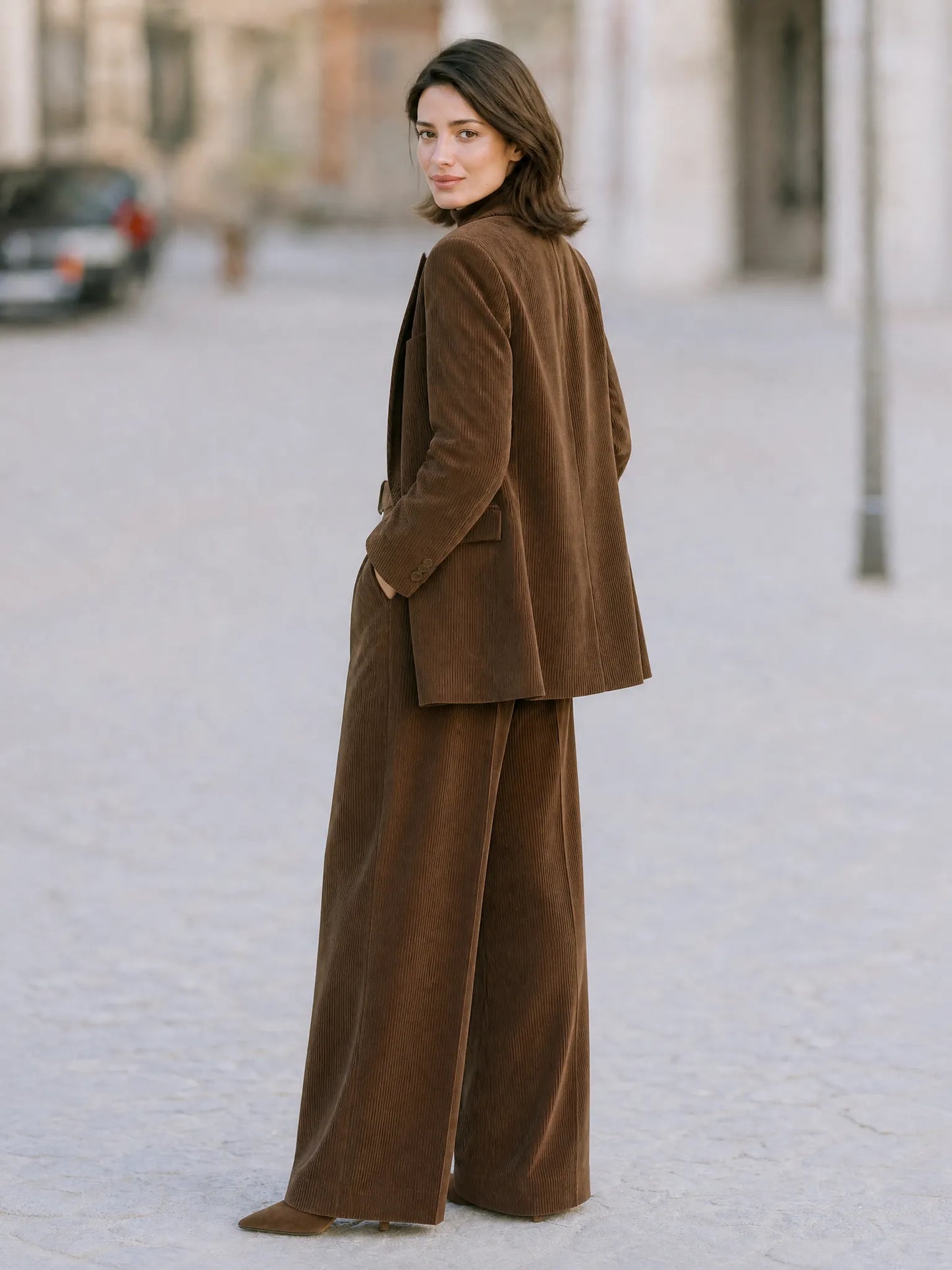Elegant Corduroy Tailored Blazer And Wide Leg Pants Suit Set