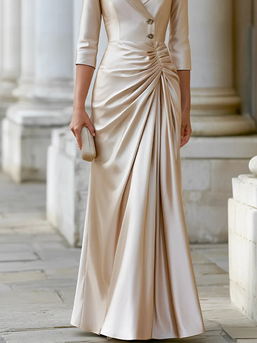 Elegant Ruched Waist Satin Tailored Maxi Dress