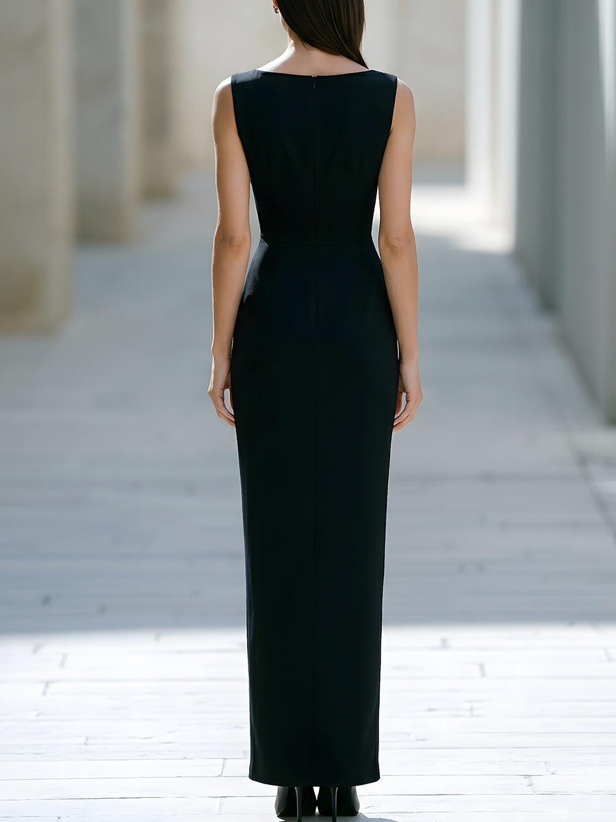 Color Block Sleeveless Boat Neck Slit Maxi Dress
