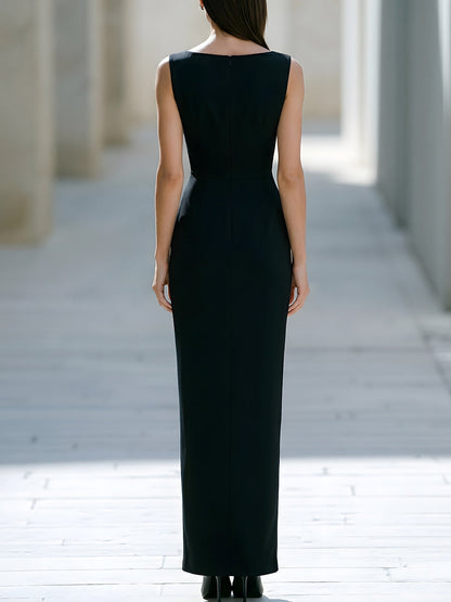 Color Block Sleeveless Boat Neck Slit Maxi Dress