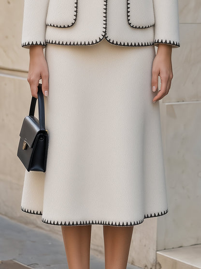 Contrast Stitched Woolen Crop Jacket & Midi Skirt Set