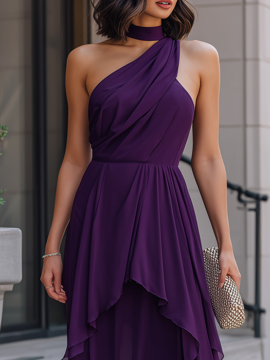 Asymmetrical Draped Halter Layered Chiffon Maxi Dress