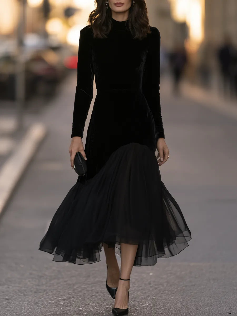 Mock-Neck Sheer Godet Hem Velvet Trumpet Maxi Dress
