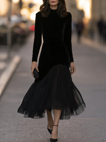 Mock-Neck Sheer Godet Hem Velvet Trumpet Maxi Dress