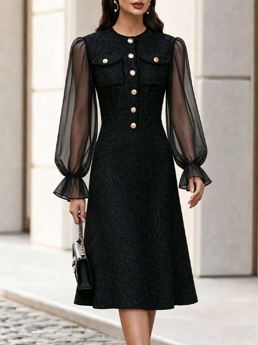 Tweed Sheer Tulle  Midi A-Line Dress, Afternoon Tea & Semi-Formal Party Outfit