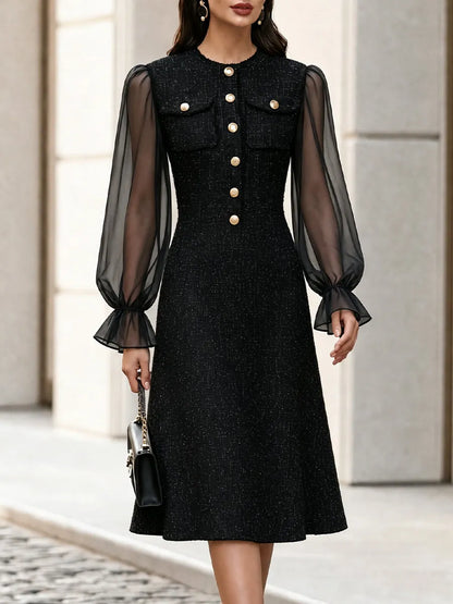 Tweed Sheer Tulle  Midi A-Line Dress, Afternoon Tea & Semi-Formal Party Outfit