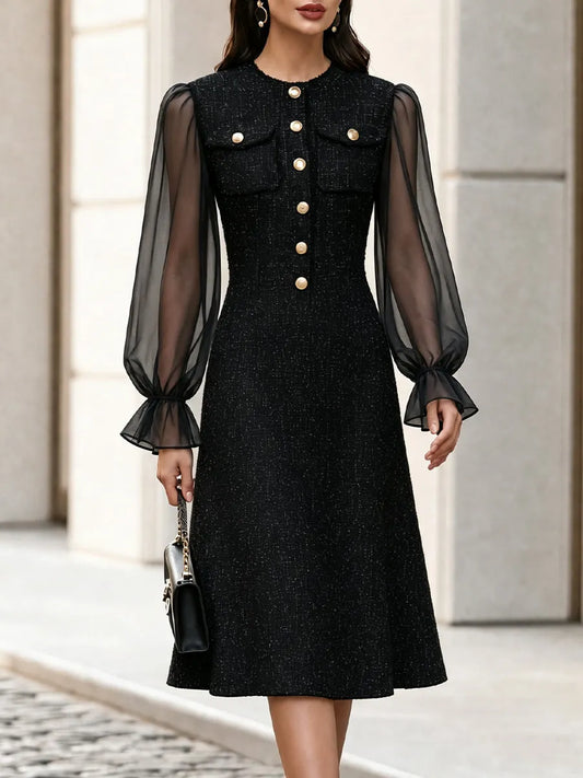 Robe mi-longue évasée en tweed et tulle transparent, tenue pour le thé l'après-midi et les réceptions semi-formelles