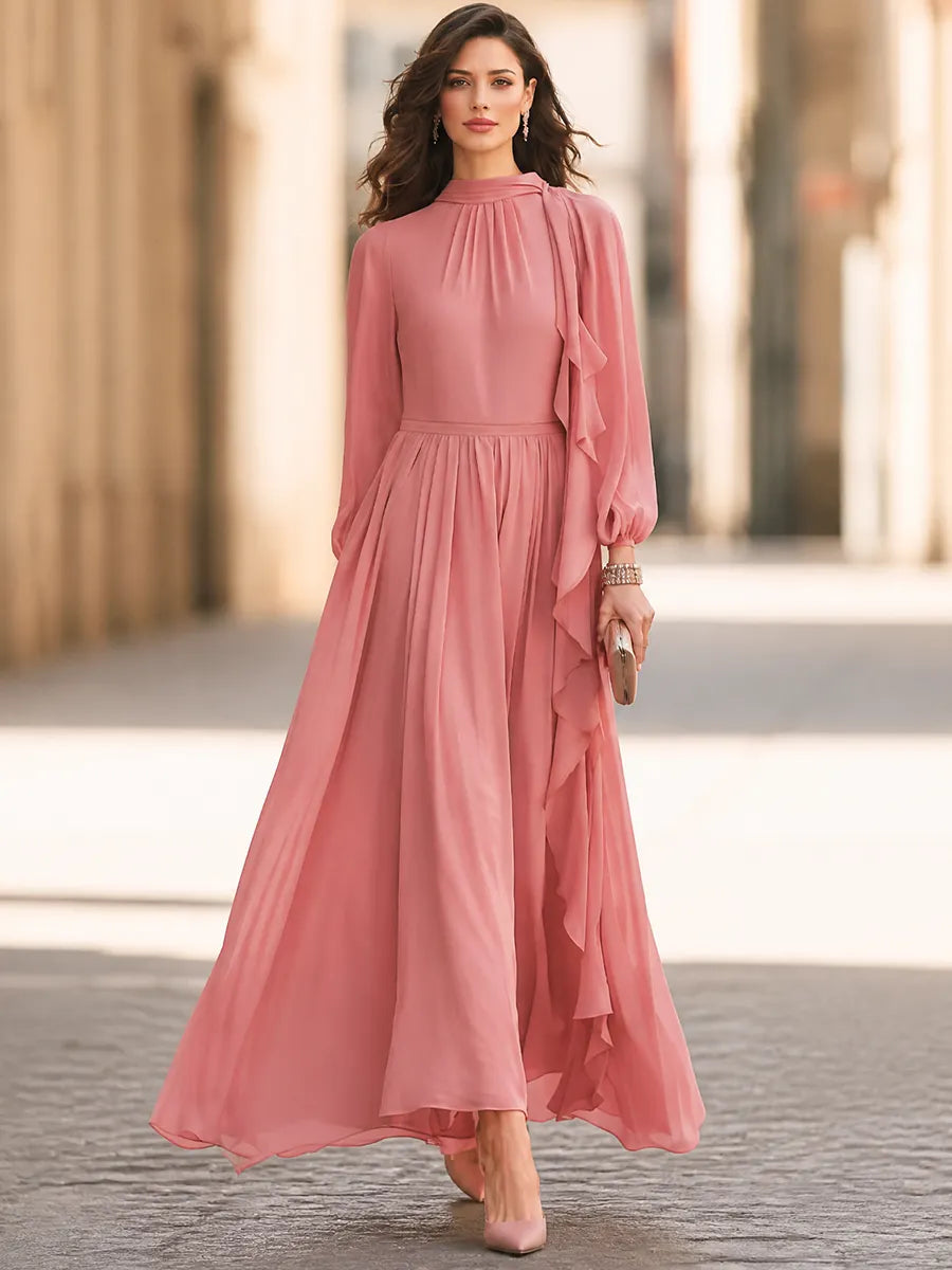 Women's Elegant Ruffle Tie Neck Long Sleeve Pleated Maxi Dress