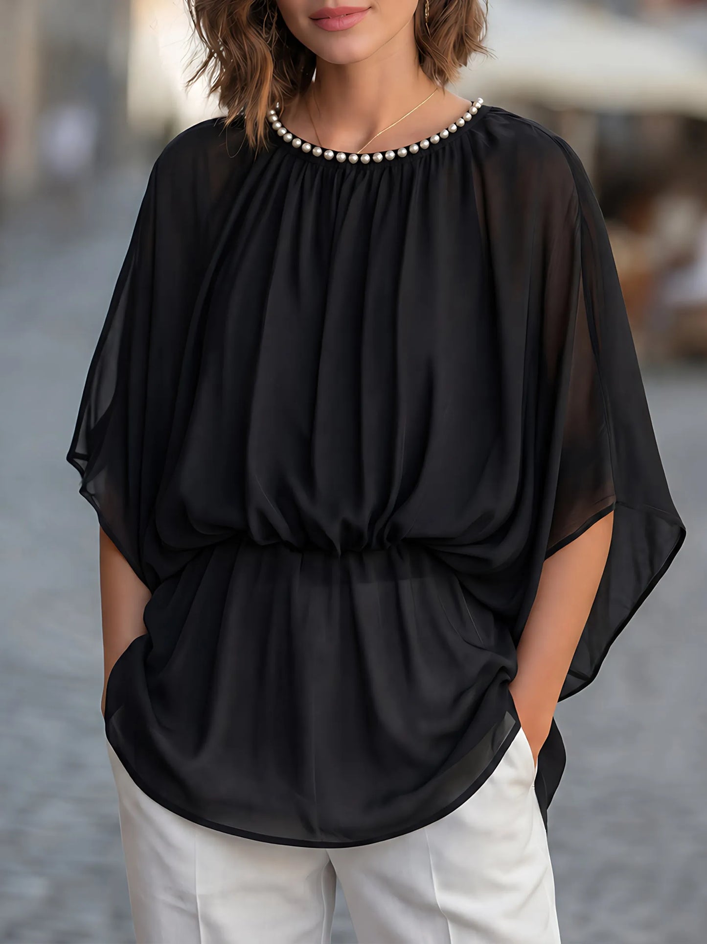 Pearl Embellished Crew Neck Gathered Cape Blouse