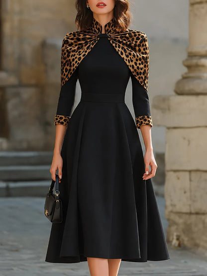 Leopard-Print Cape Detail A-Line Midi Dress