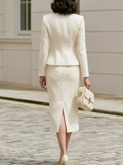 Tweed Notch Split Neck Peplum Blazer & Pocket Midi Pencil Skirt Two-Piece Suit Set
