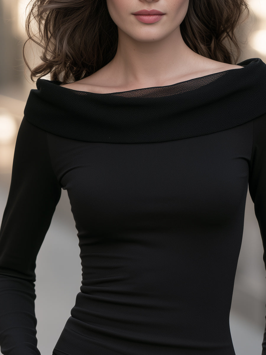 Mesh Insert Fold-Over Neck Long Sleeve Top