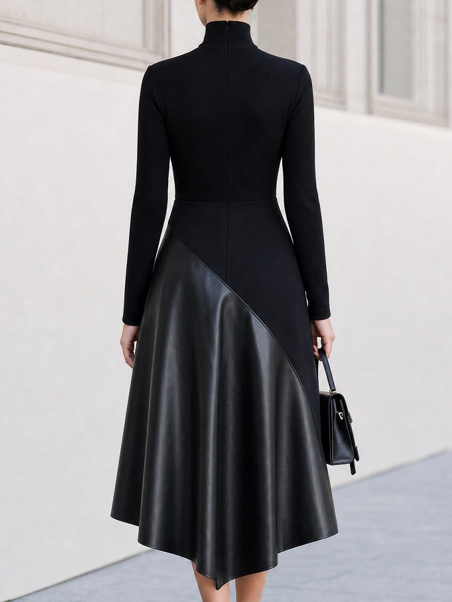 Turtleneck Long Sleeve Asymmetrical Midi Flare Dress