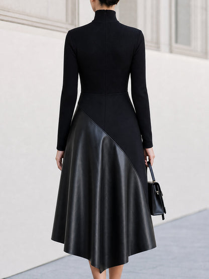 Turtleneck Long Sleeve Asymmetrical Midi Flare Dress