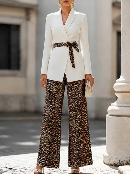Elegant White Blazer Leopard Print Wide Leg Pants Set
