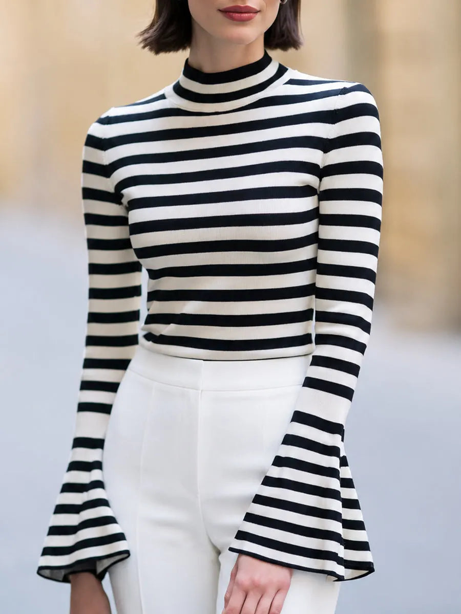 Striped Mock-Neck Bell-Sleeve Knit Top